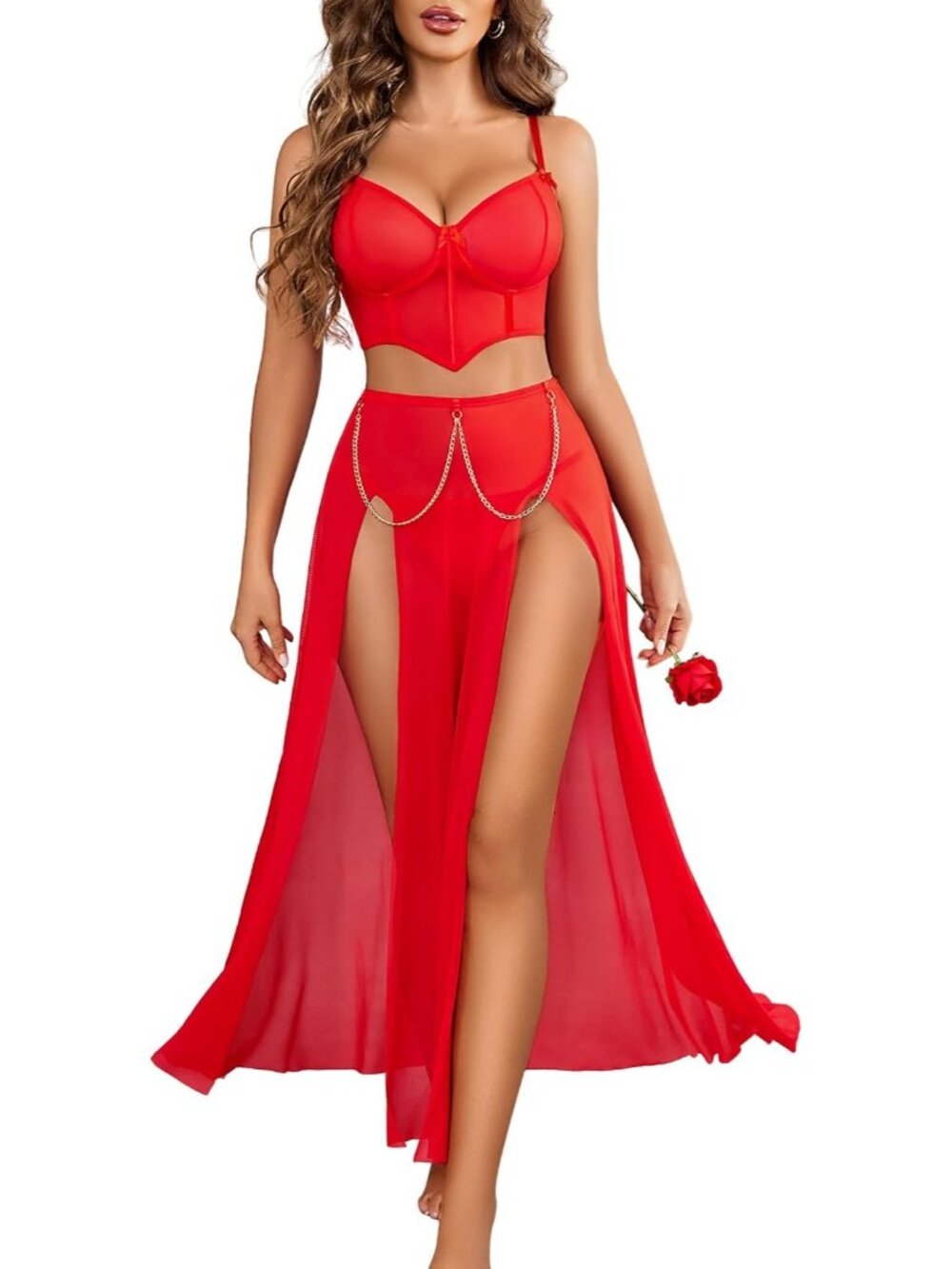 Women's Red V Neck Sexy Long Skirt Two Side Split Lingerie 3 Piece Outfit